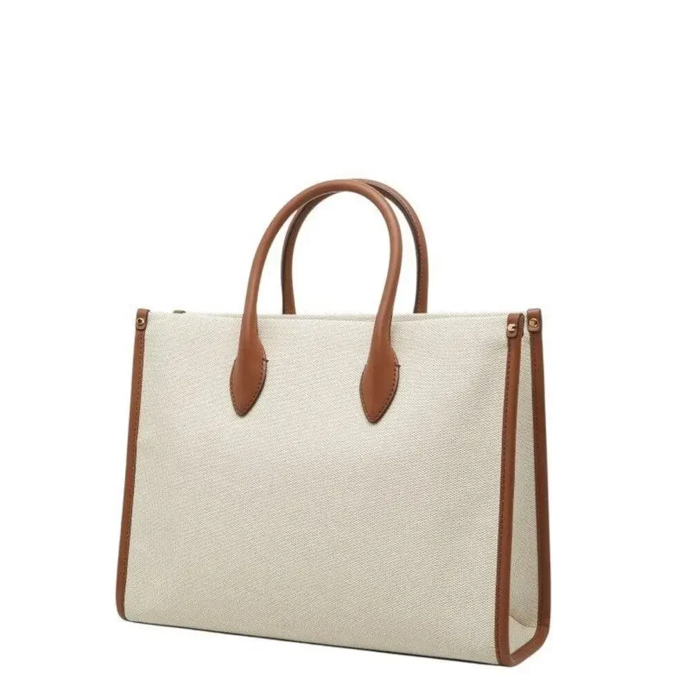 Michael Kors Mirella EW Canvas Leather Tote Bag Beige